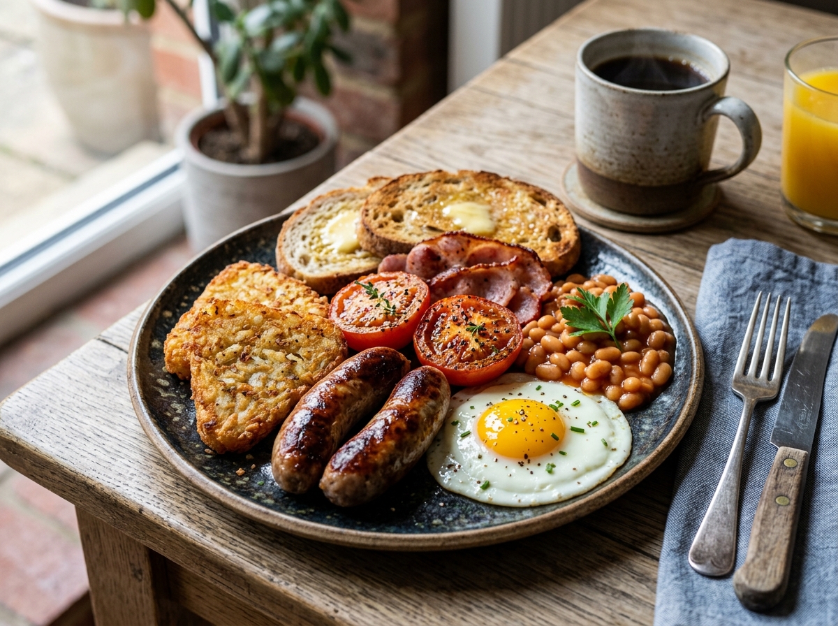Photorealistic editorial photograph of Air-Fryer Full English Breakfast cooked in a home kitchen setting.