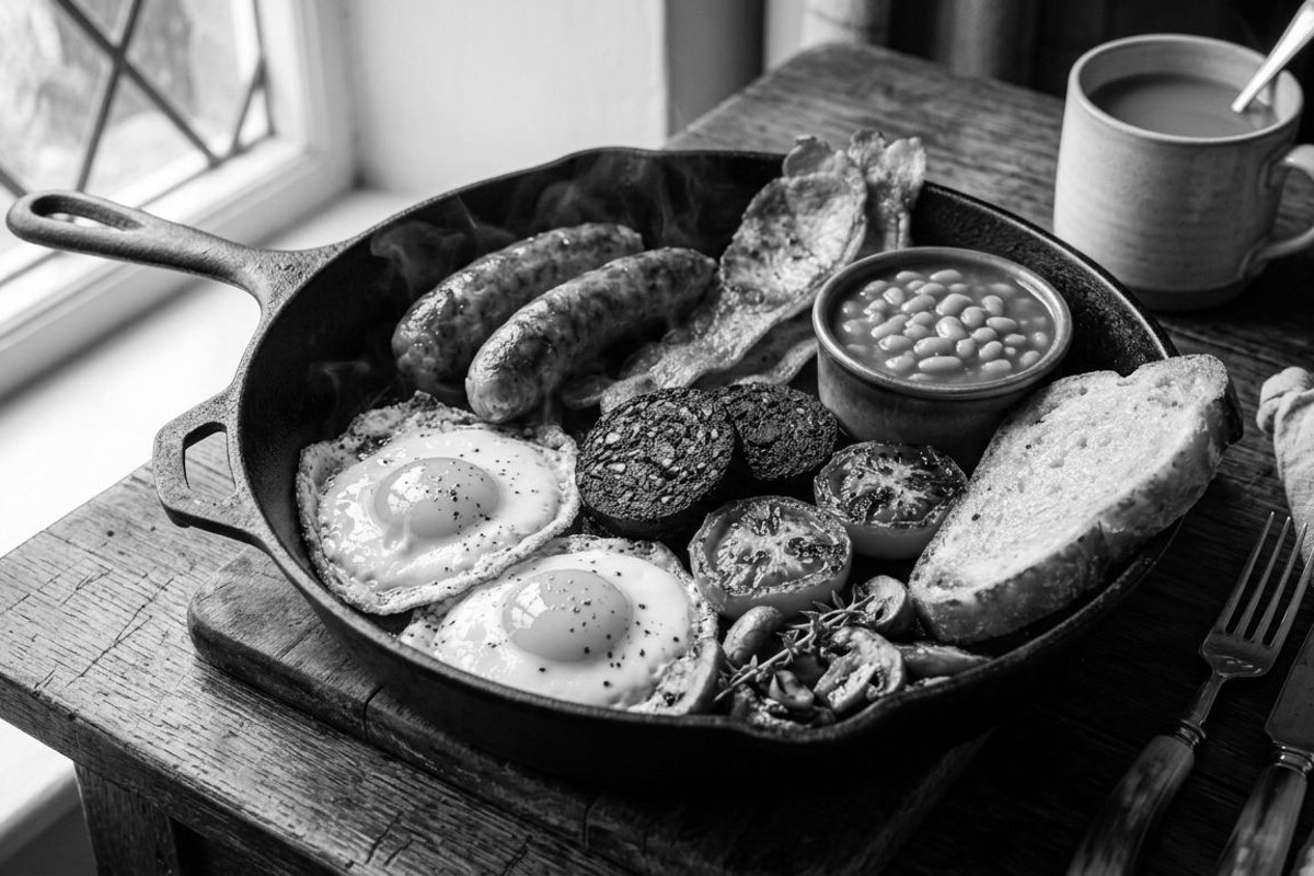 Photorealistic editorial photograph of Black Pudding Eggs Benedict cooked in a home kitchen setting.