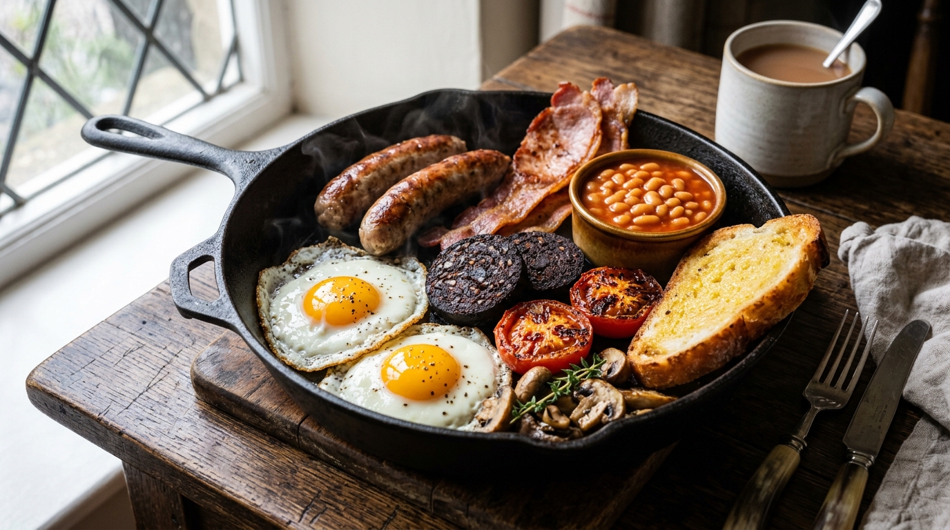 A sizzling traditional Full English Breakfast served on a dark rustic plate with sausages, bacon, fried egg, black pudding, baked beans, tomatoes, mushrooms, and fried bread.