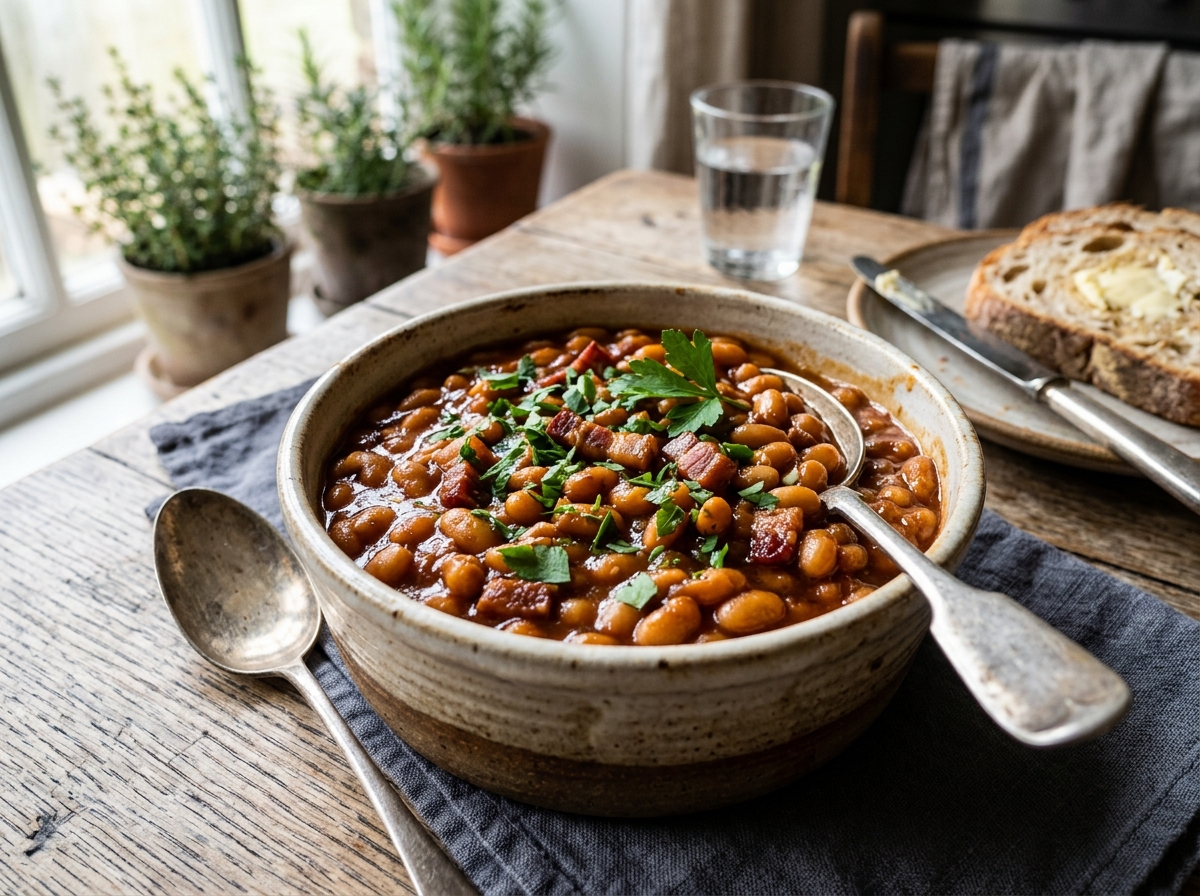 Photorealistic editorial photograph of Homemade British-Style Baked Beans cooked in a home kitchen setting.