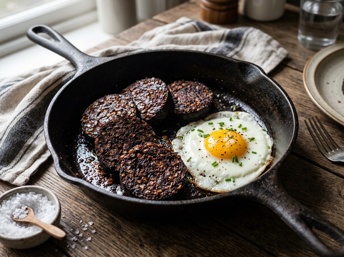 Photorealistic editorial photograph of Proper Pan-Fried Black Pudding cooked in a home kitchen setting.